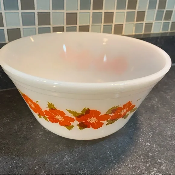 Federal 8” Orange Flowers milkglass mixing bowl - Picture 2 of 5